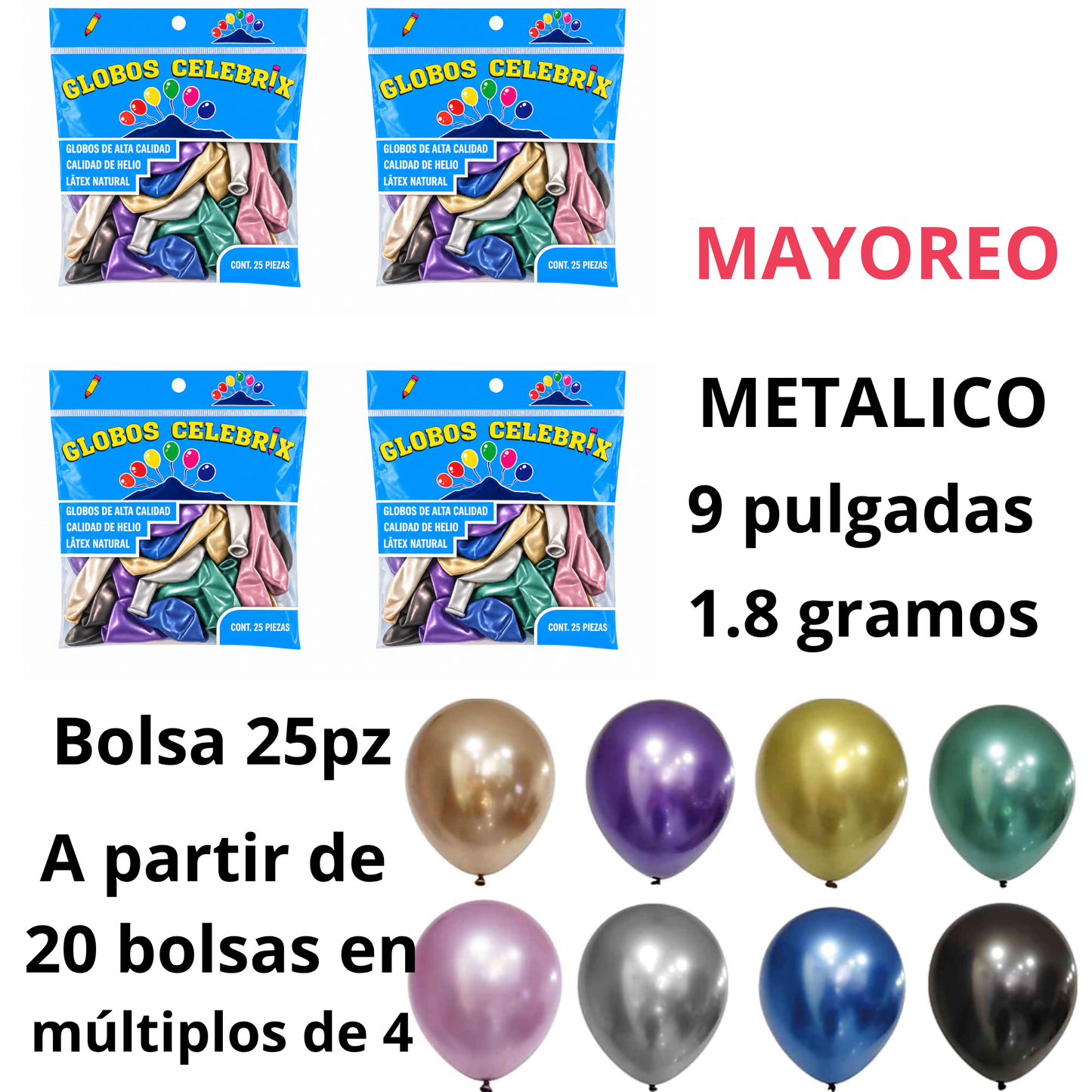 MAYOREO Celebrix Globos de Látex #9 Metálico – Bolsa 25 pzas. MAYOREO