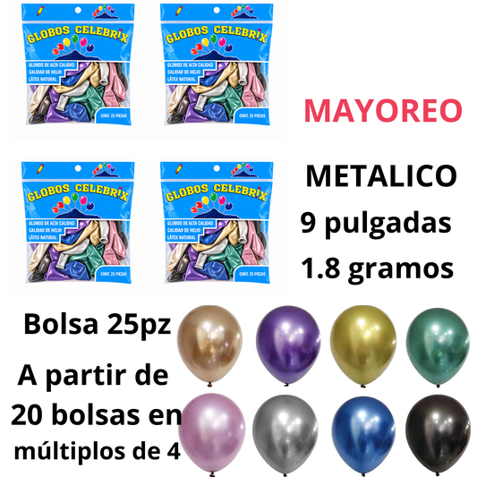 MAYOREO Celebrix Globos de Látex #9 Metálico – Bolsa 25 pzas. MAYOREO