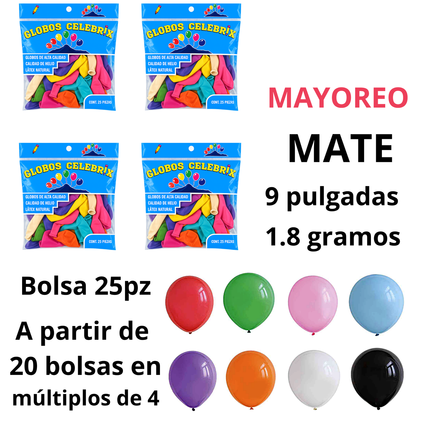 MAYOREO Celebrix Globos de Látex #9 Mate – Bolsa 25 pzas. MAYOREO